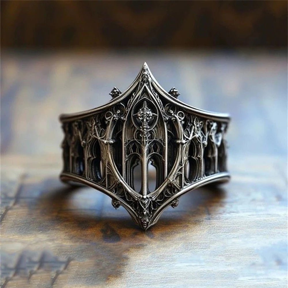 Gothic Architecture Ring Silver Retro Halloween Jewelry