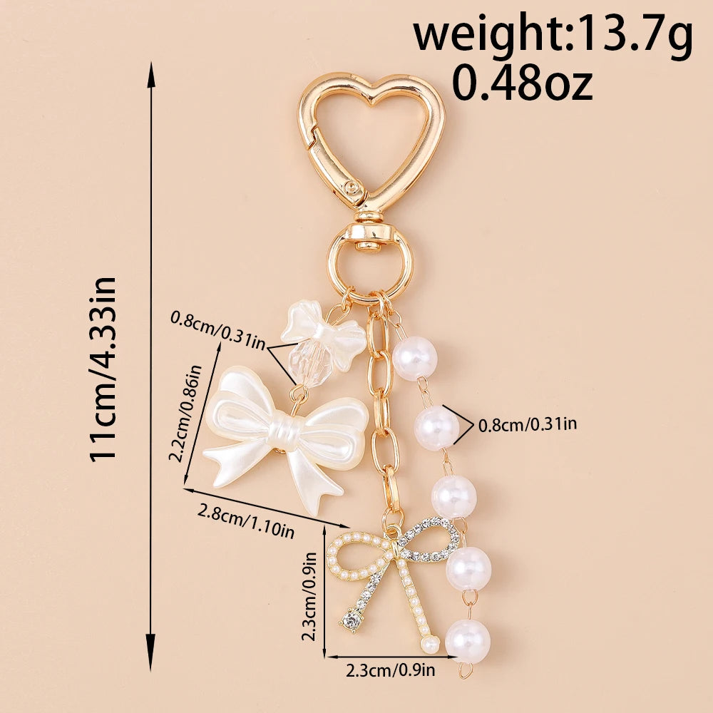 Cute Bowknot Love Heart Keychain Crystal Pearl Key Ring Pendants for Women Girls Handbag Decor DIY Handmade Key Chain Gifts