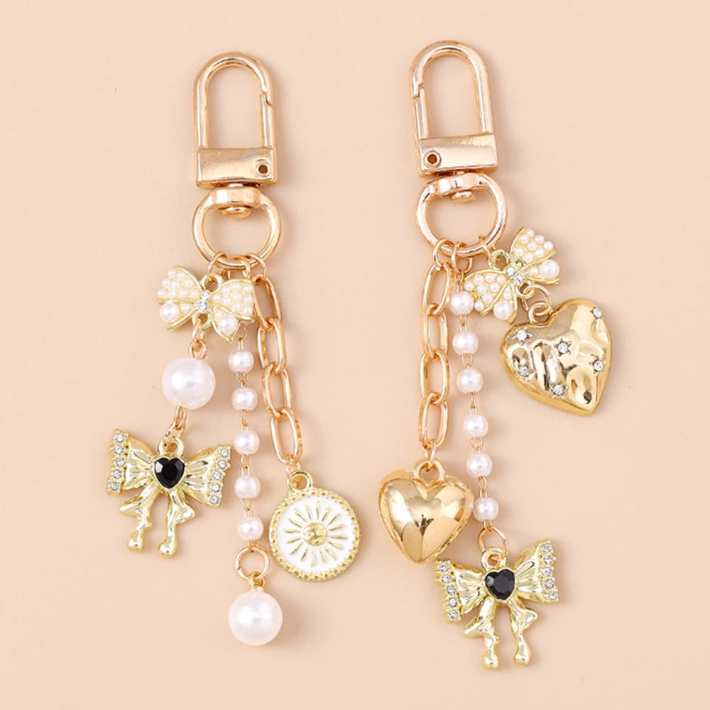 Cute Bowknot Love Heart Keychain Crystal Pearl Key Ring Pendants for Women Girls Handbag Decor DIY Handmade Key Chain Gifts