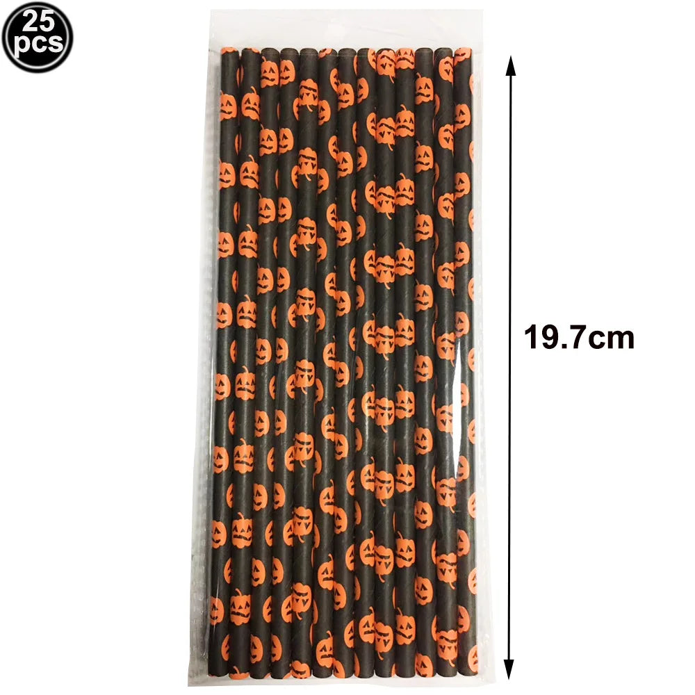 Halloween Paper Straws, Disposable Party Straws with Spooky Patterns