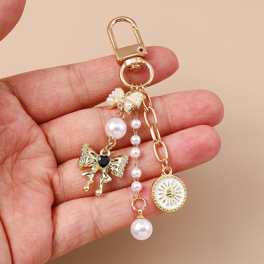 Cute Bowknot Love Heart Keychain Crystal Pearl Key Ring Pendants for Women Girls Handbag Decor DIY Handmade Key Chain Gifts