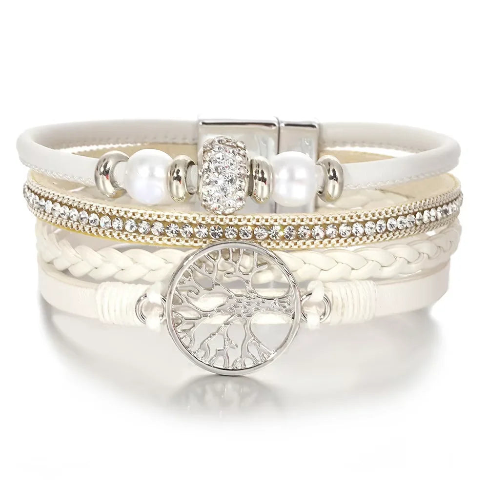 Tree of Life Bracelet Rhinestone Beaded Leather Wrap for Women
