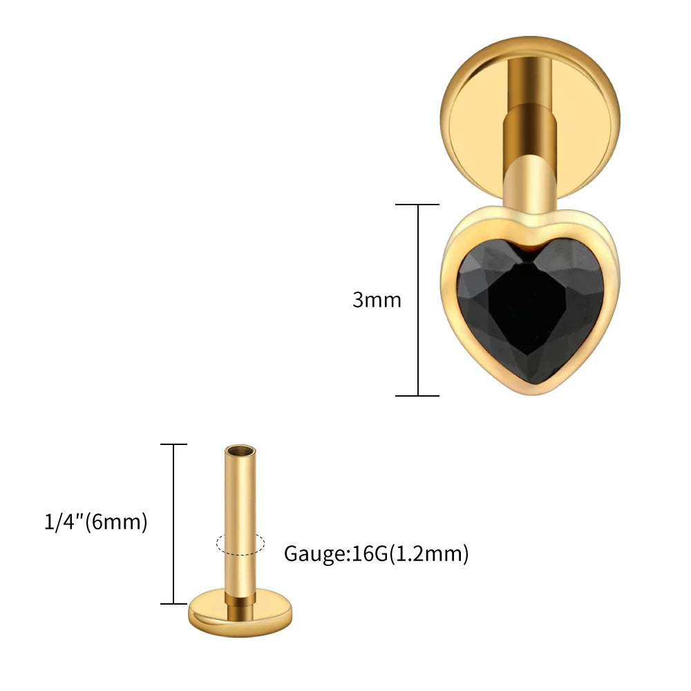 Titanium Heart Labret Stud CZ Flat Back Piercing Jewelry