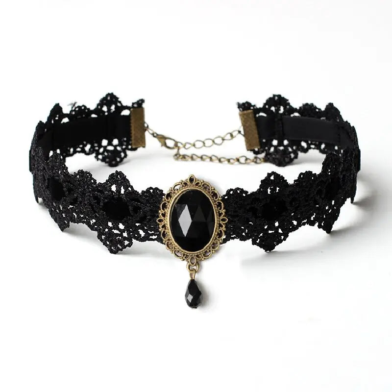 Gothic Lace Necklace Black Gemstone Vintage Court Style