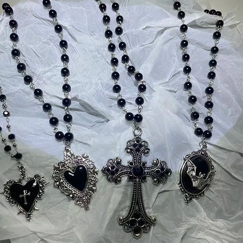 Gothic Bat Cross Necklace – Y2K Black Beaded Pendant