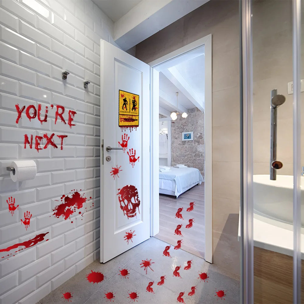 Halloween Wall Stickers – Blood Handprint, Footprint & Skull Decor
