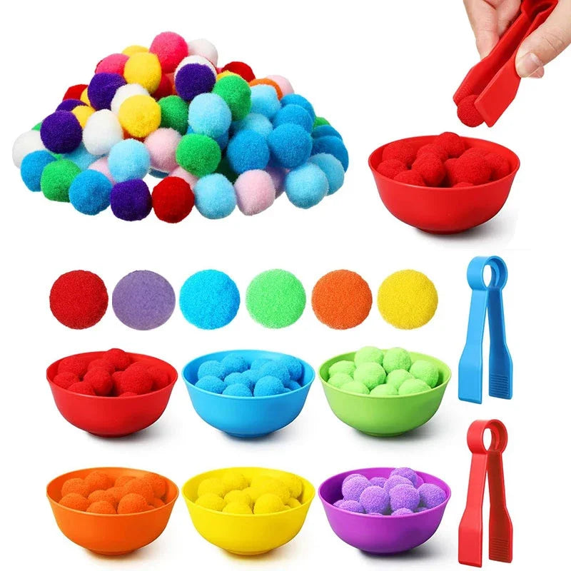 Counting and Sorting Toy with Rainbow Pom Poms & Tweezers