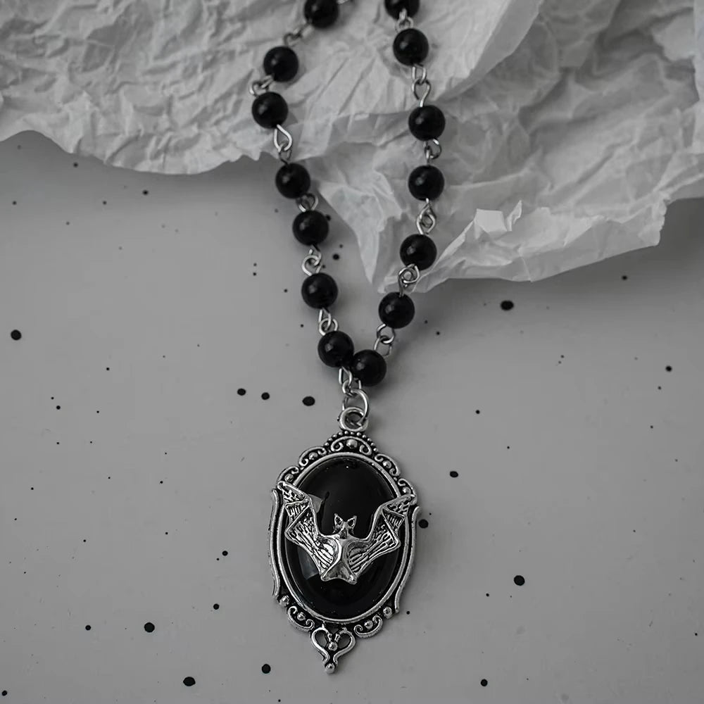 Gothic Bat Necklace Cross Pendant Y2K Black Bead Jewelry