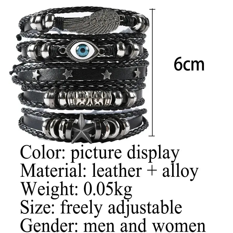 Evil Eye Bracelet Set 5pcs Wing Star Punk Leather Beaded