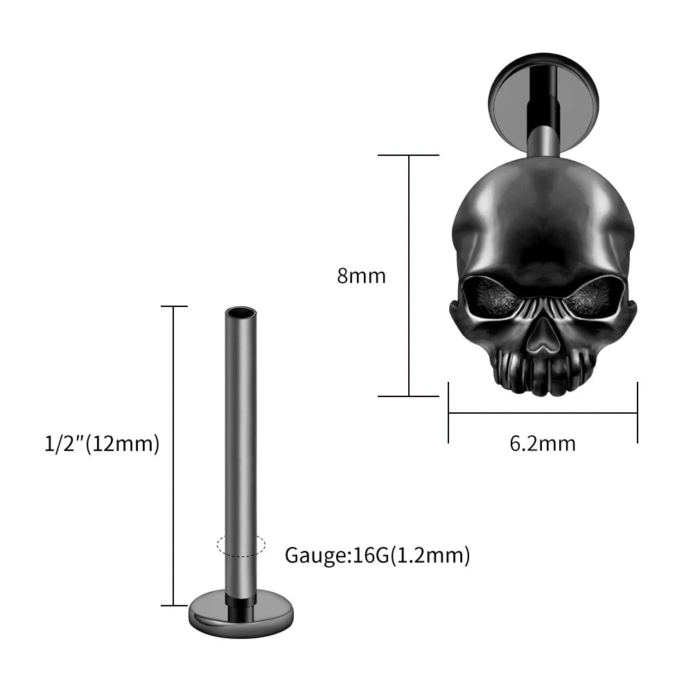 Right Grand ASTM F136 Titanium Skull Tragus Piercing 16G Skeleton Cartilage Helix Stud Earring Gothic Halloween Jewelry