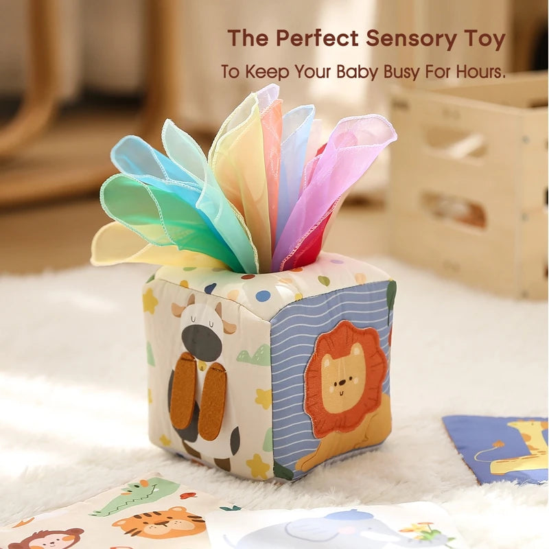 Montessori Tissue Box Toy – Baby Sensory Cloth Busy Cube