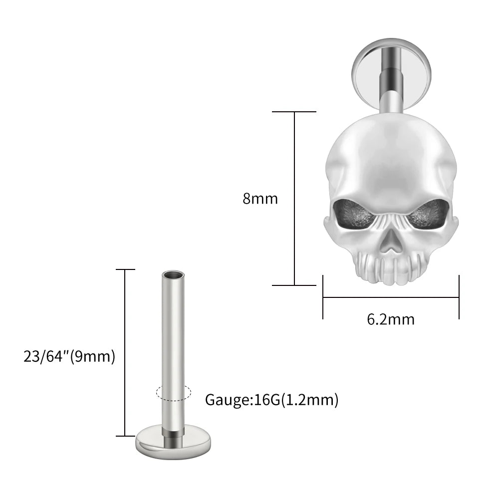 Right Grand ASTM F136 Titanium Skull Tragus Piercing 16G Skeleton Cartilage Helix Stud Earring Gothic Halloween Jewelry
