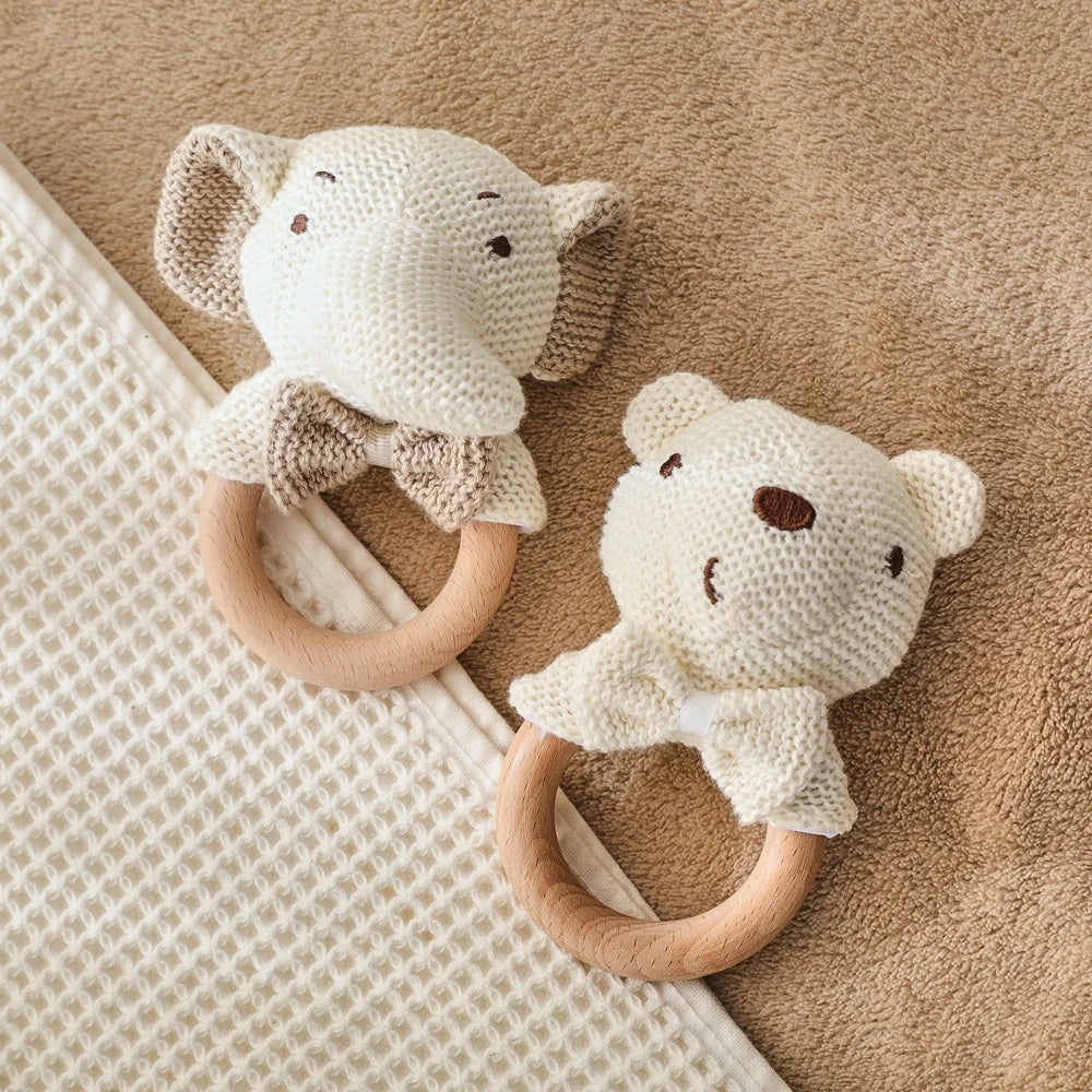 Baby Rattle Toy – Wooden Crochet Bear Teether for Newborns