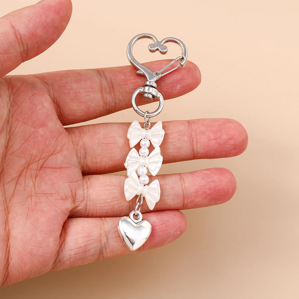 Cute Bowknot Love Heart Keychain Crystal Pearl Key Ring Pendants for Women Girls Handbag Decor DIY Handmade Key Chain Gifts