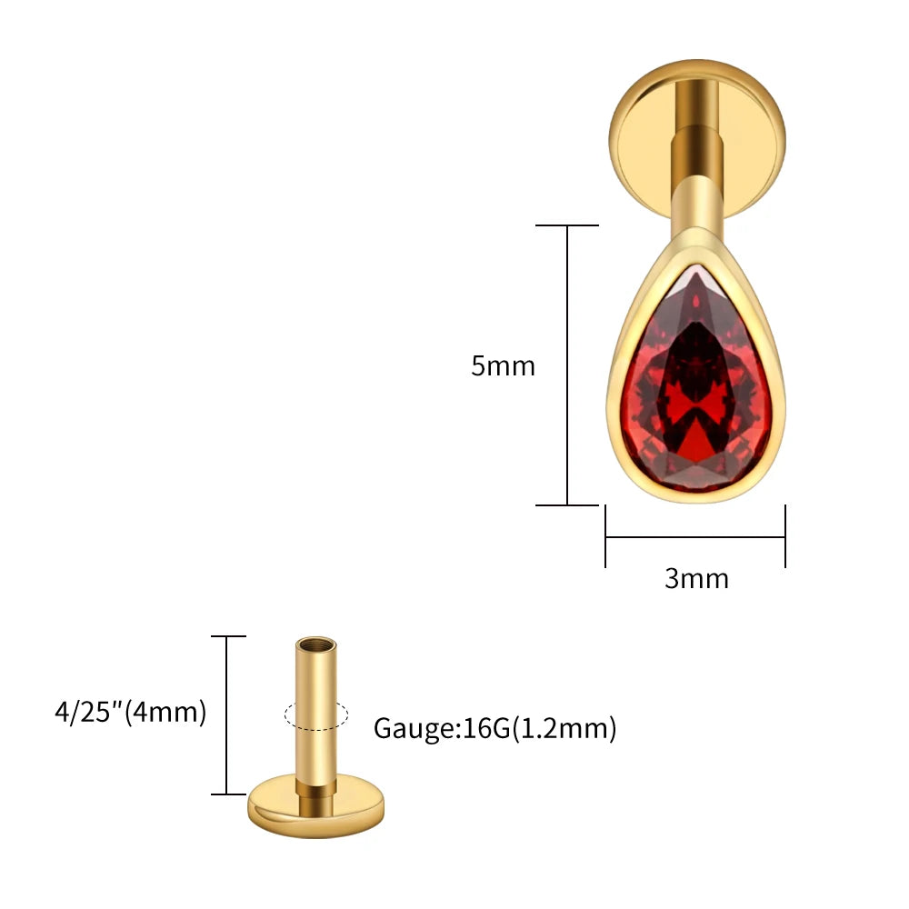 Titanium Labret Stud Teardrop Garnet CZ Cartilage Earring