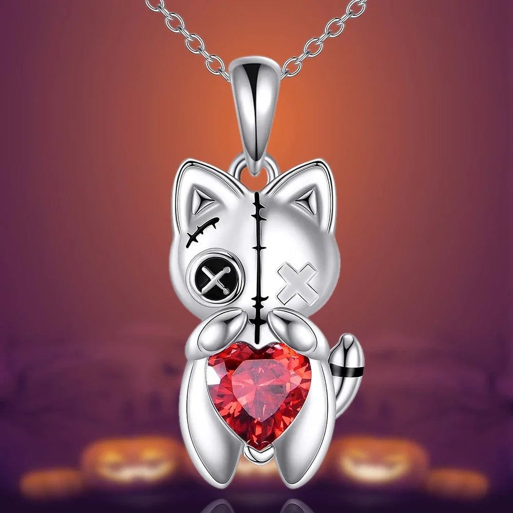 Cat Voodoo Doll Necklace for Women Red Heart Halloween Jewelry