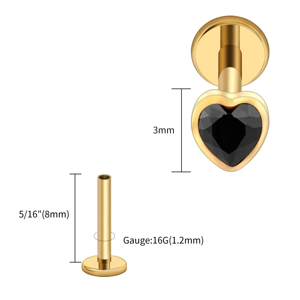 Titanium Heart Labret Stud CZ Flat Back Piercing Jewelry