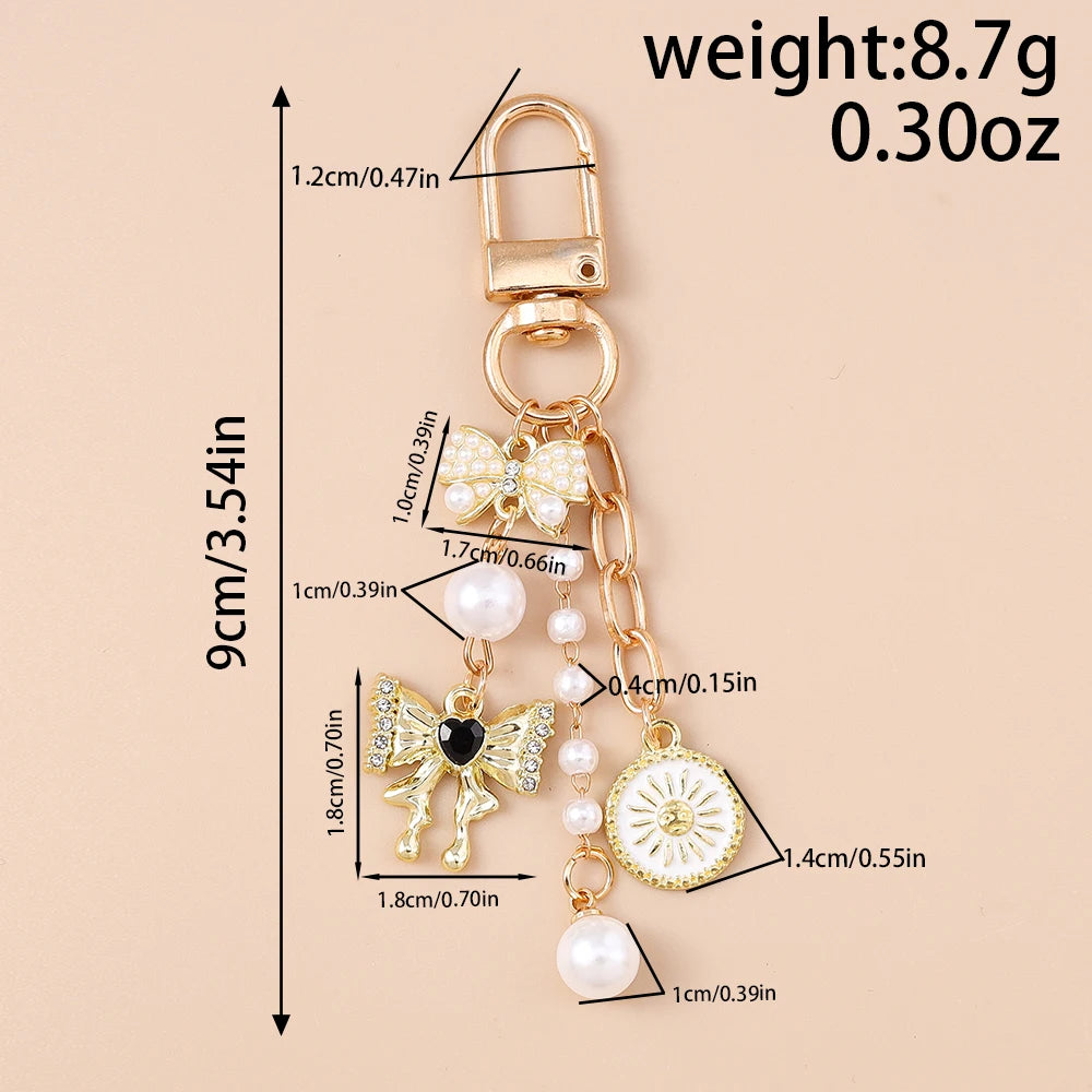 Cute Bowknot Love Heart Keychain Crystal Pearl Key Ring Pendants for Women Girls Handbag Decor DIY Handmade Key Chain Gifts