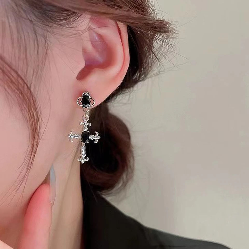 Gothic Cross Drop Earrings Black Crystal Punk Jewelry