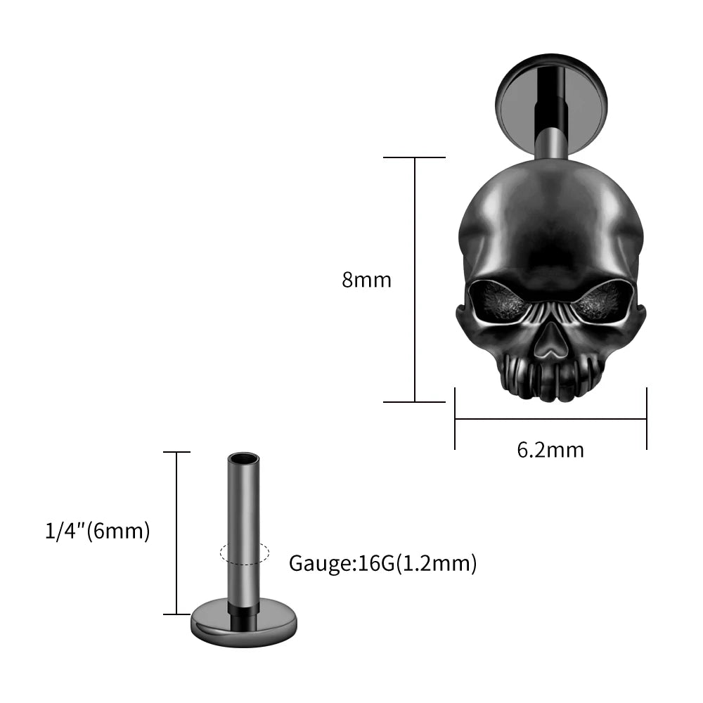 Right Grand ASTM F136 Titanium Skull Tragus Piercing 16G Skeleton Cartilage Helix Stud Earring Gothic Halloween Jewelry