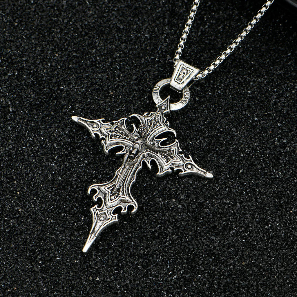 Gothic Cross Pendant Necklace Retro Skull Design
