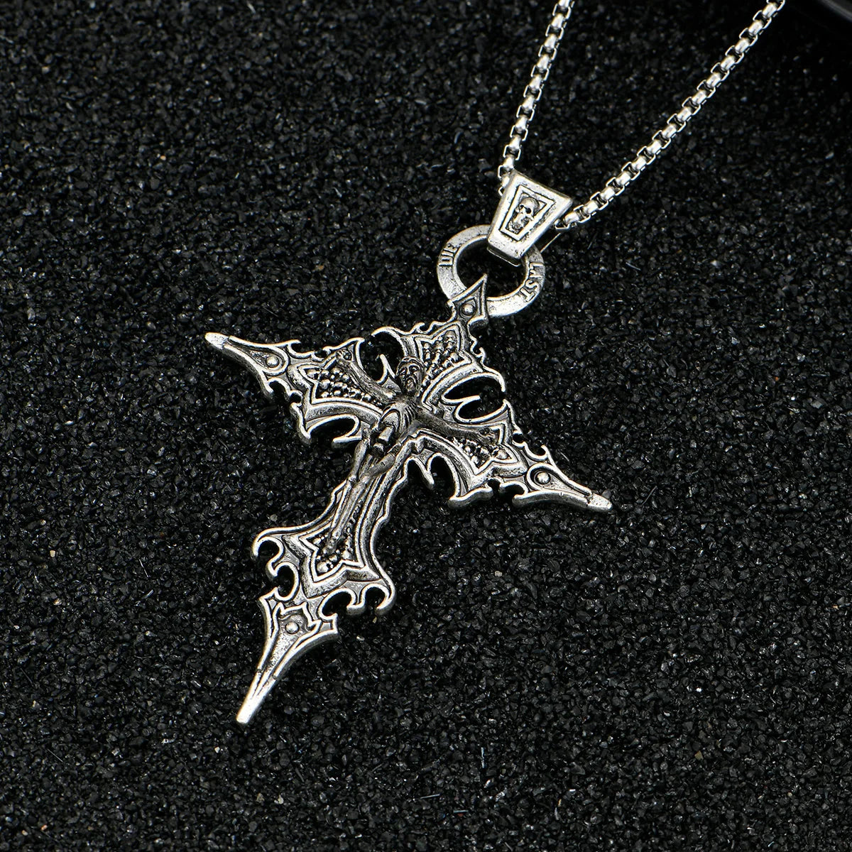 Gothic Cross Pendant Necklace Retro Skull Design