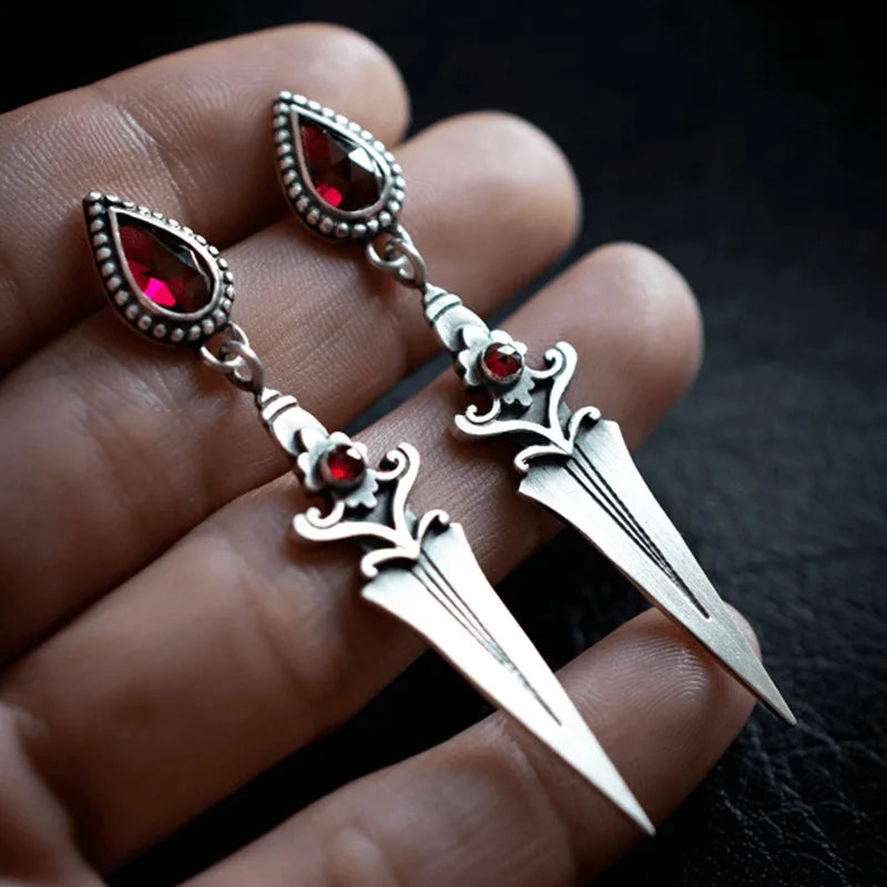 Gothic Sword Earrings for Women Red Stone Vintage Drop Jewelry
