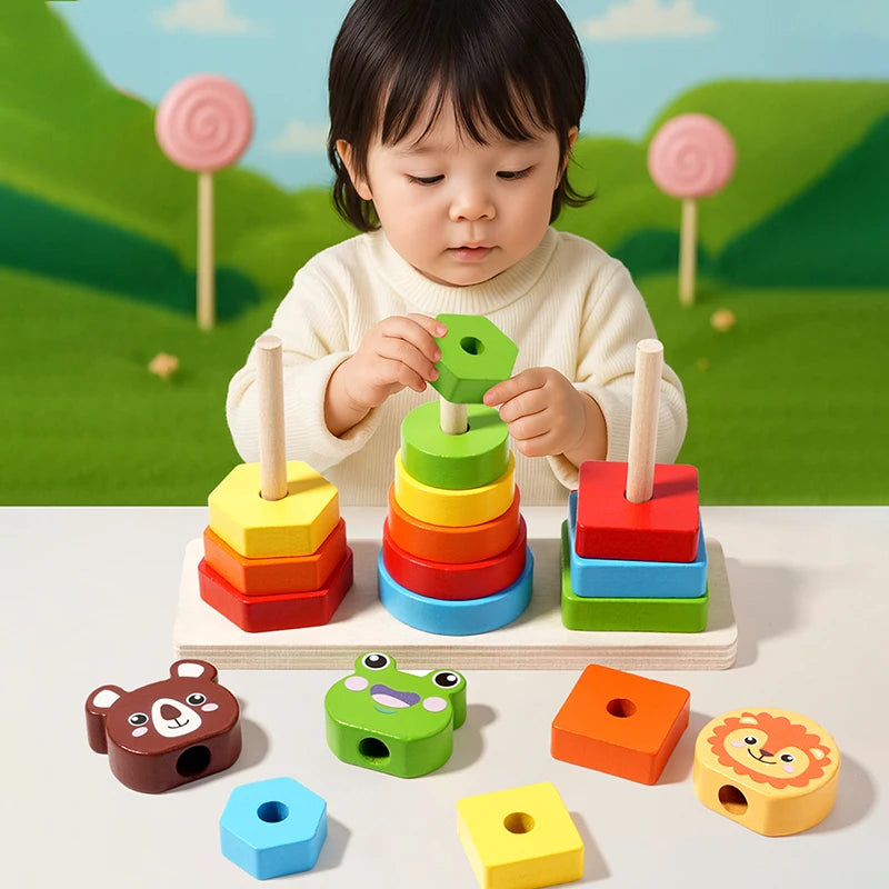 Wooden Sorting and Stacking Toy, Montessori Color & Shape Learning