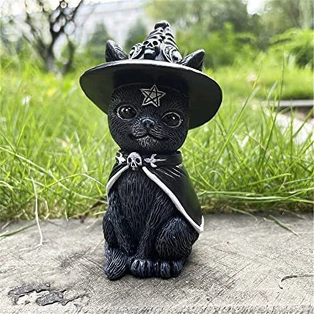 Black Cat Halloween Figurine, Resin Witch Cat Statue for Home Decor