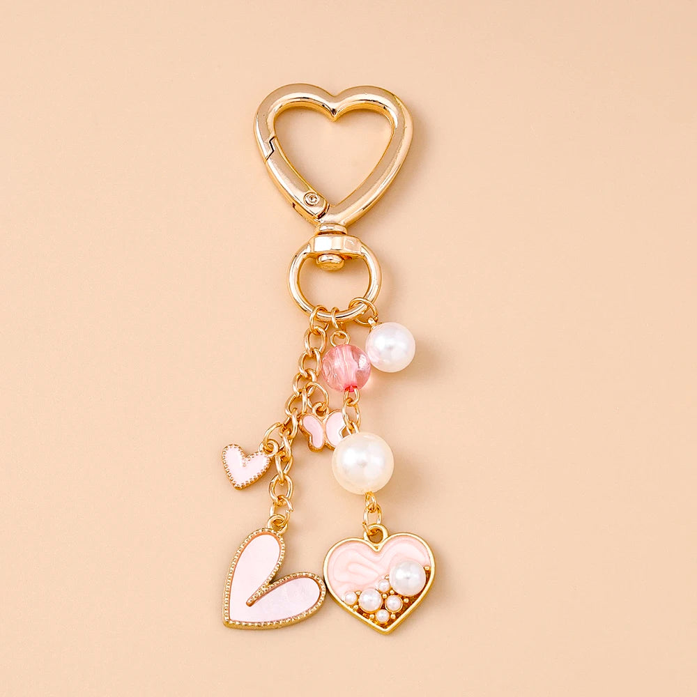 Cute Bowknot Love Heart Keychain Crystal Pearl Key Ring Pendants for Women Girls Handbag Decor DIY Handmade Key Chain Gifts