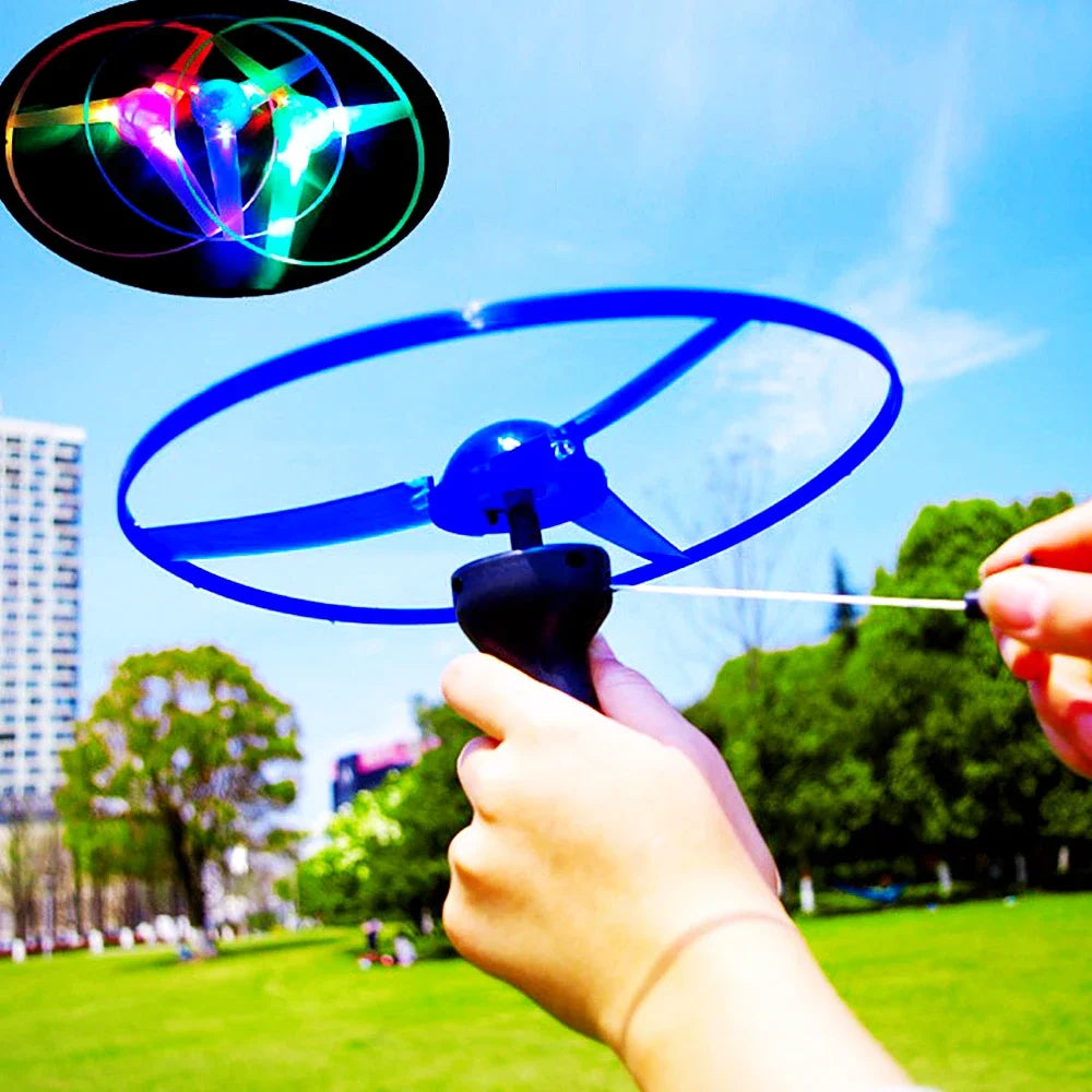 LED Flying Disc Toy Pull String Spinning UFO Outdoor Game
