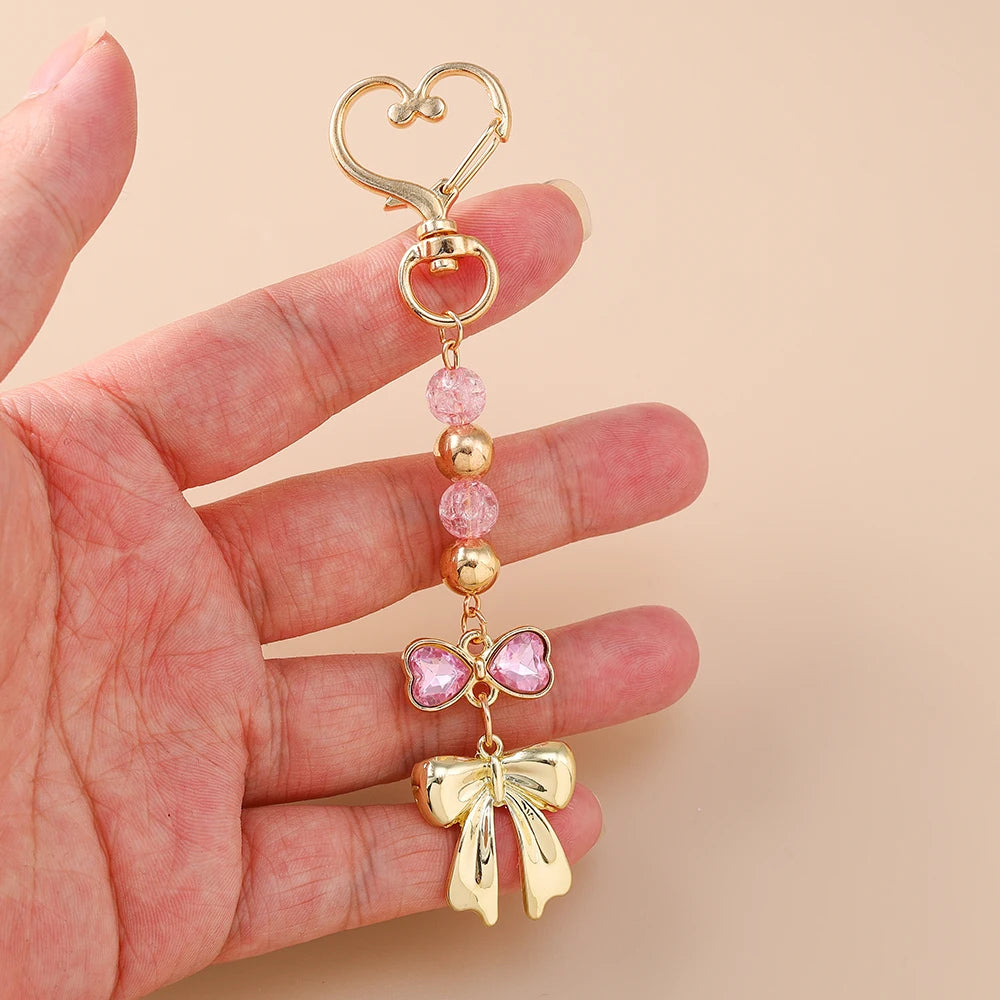 Cute Bowknot Love Heart Keychain Crystal Pearl Key Ring Pendants for Women Girls Handbag Decor DIY Handmade Key Chain Gifts