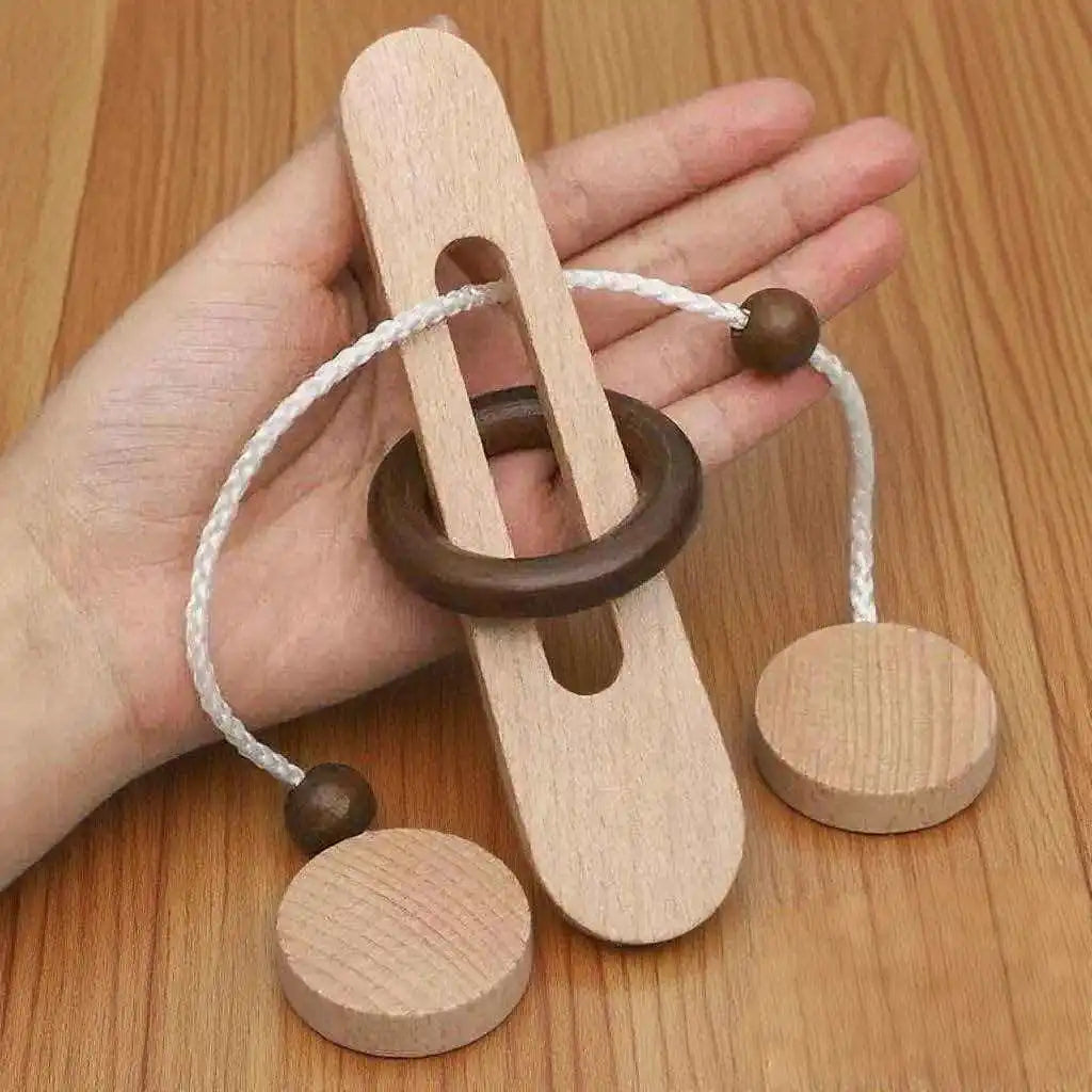 Wooden Brain Teaser Puzzle Rope Ring 3D Logic Challenge Toy