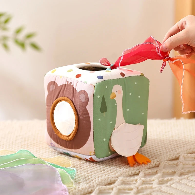 Montessori Tissue Box Toy – Baby Sensory Cloth Busy Cube