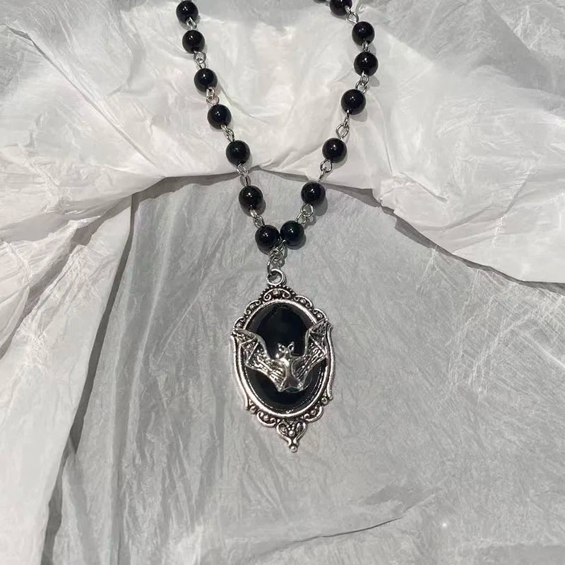 Gothic Bat Cross Necklace – Y2K Black Beaded Pendant