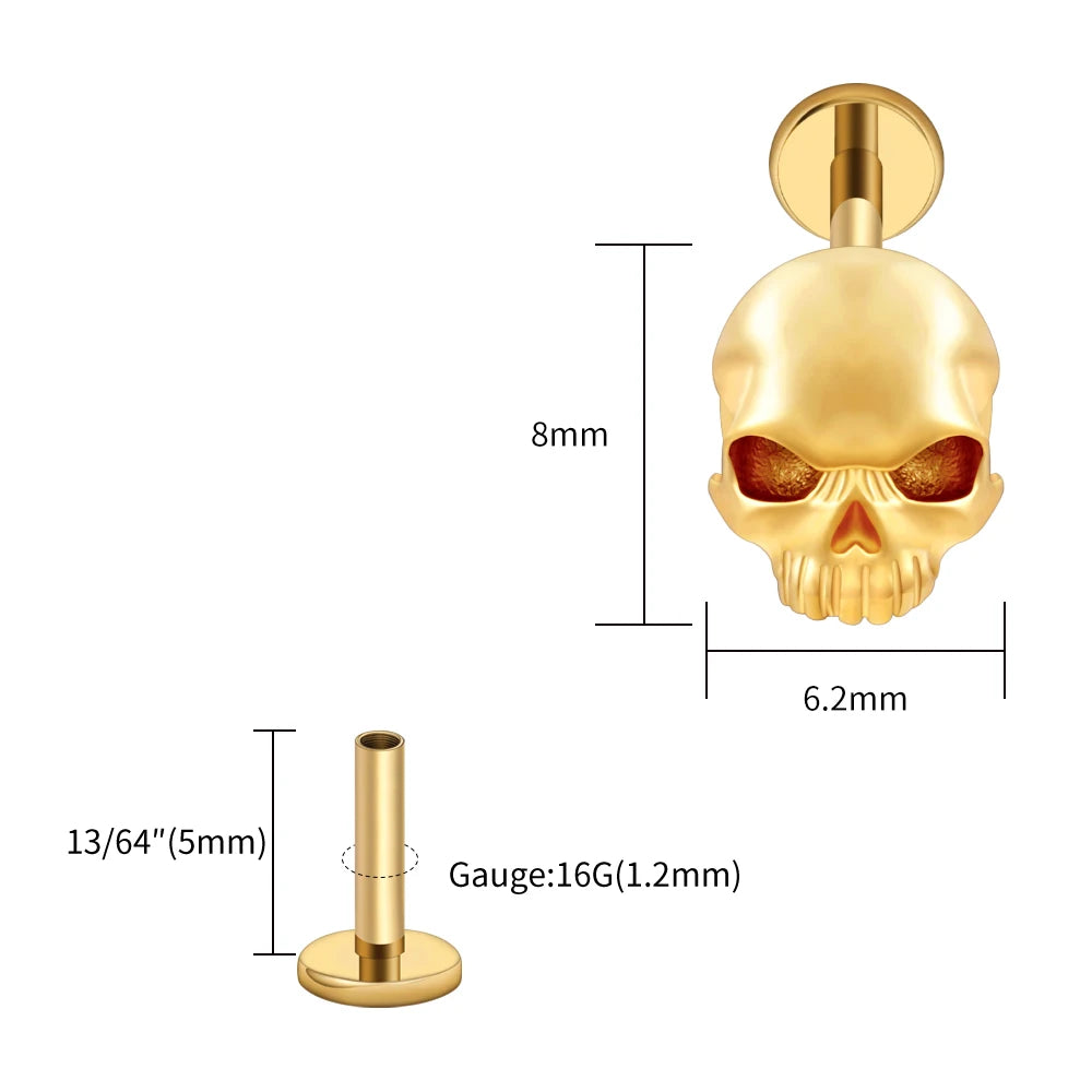 Right Grand ASTM F136 Titanium Skull Tragus Piercing 16G Skeleton Cartilage Helix Stud Earring Gothic Halloween Jewelry
