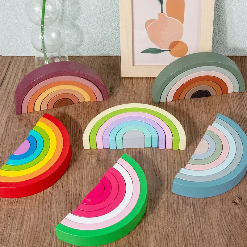 Rainbow Wooden Building Blocks Stacking Toy for Kids