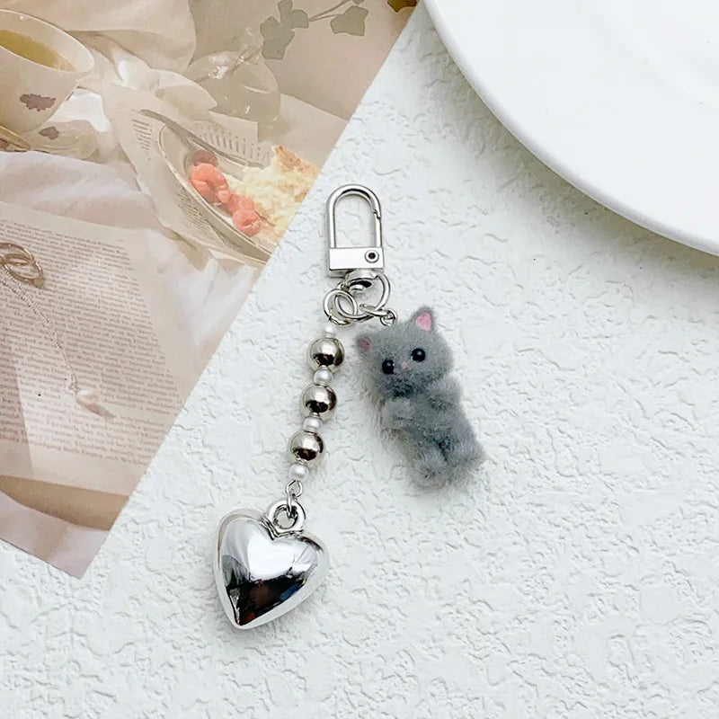Cat Keychain, Cute Flocked 3D Cat Bag Charm for Phone and Car Keys