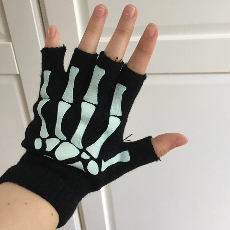 New Punk Gloves Unisex Halloween Skeleton Skull Half Finger Gloves Glow in The Dark Fingerless Stretch Knitted Winter Mittens