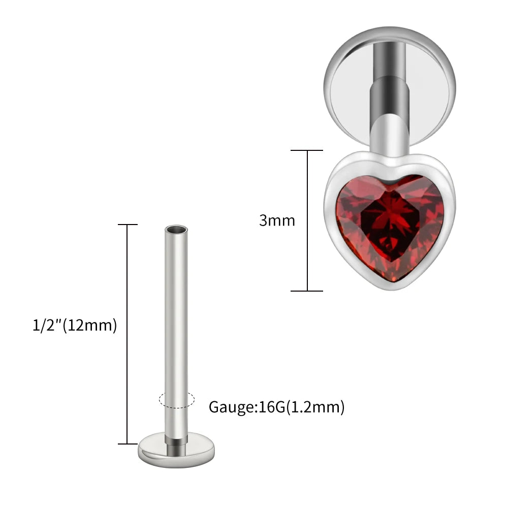 Titanium Heart Labret Stud CZ Flat Back Piercing Jewelry