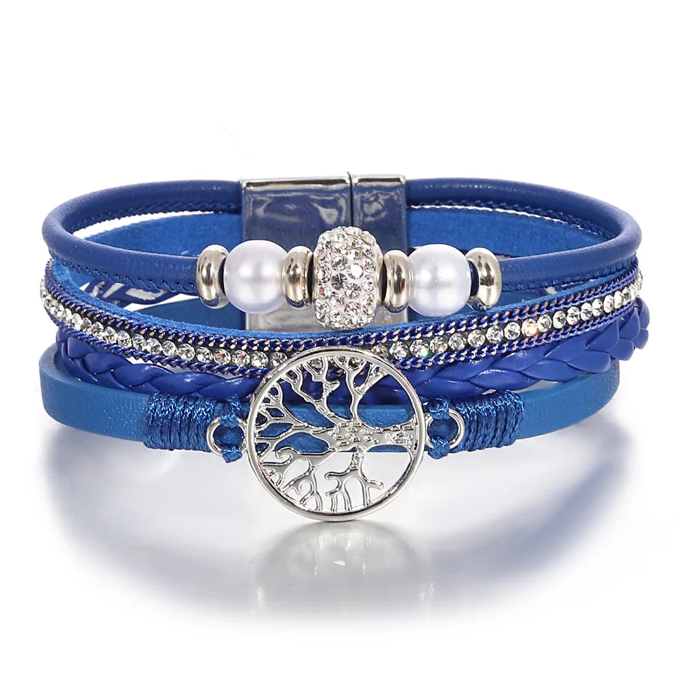 Tree of Life Bracelet Rhinestone Beaded Leather Wrap for Women