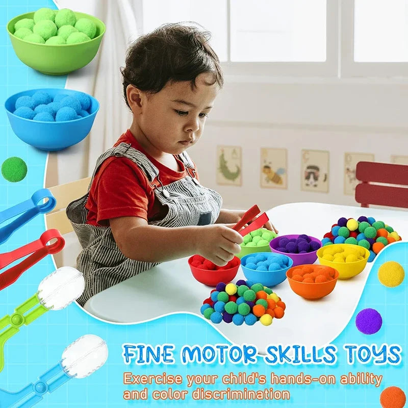 Counting and Sorting Toy with Rainbow Pom Poms & Tweezers