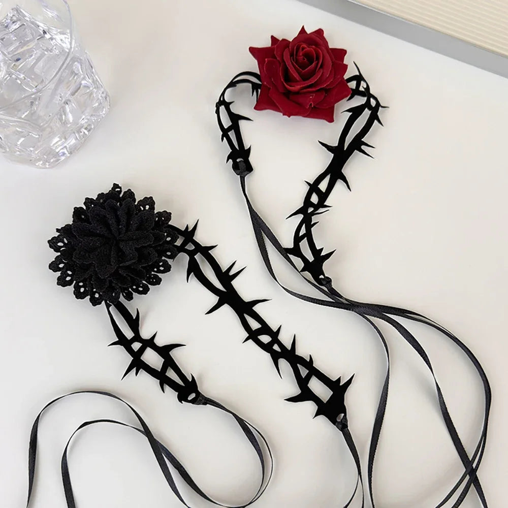 Gothic Rose Choker Lace Thorn Necklace for Halloween Parties