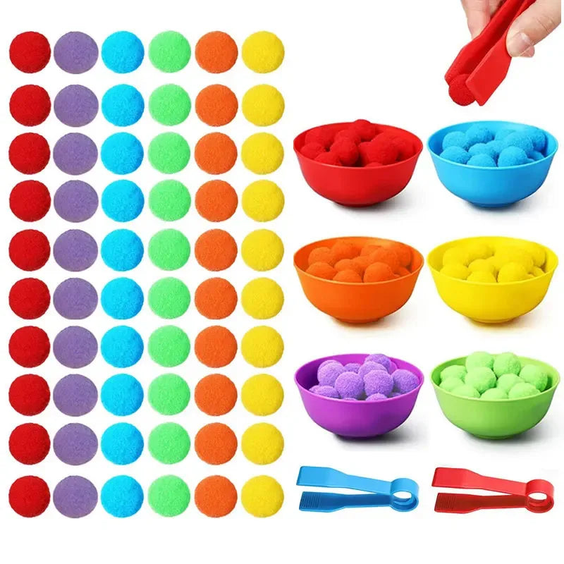 Counting and Sorting Toy with Rainbow Pom Poms & Tweezers