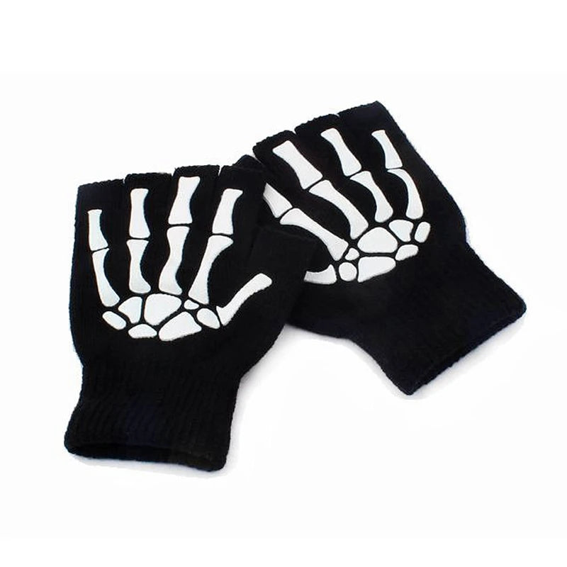 New Punk Gloves Unisex Halloween Skeleton Skull Half Finger Gloves Glow in The Dark Fingerless Stretch Knitted Winter Mittens