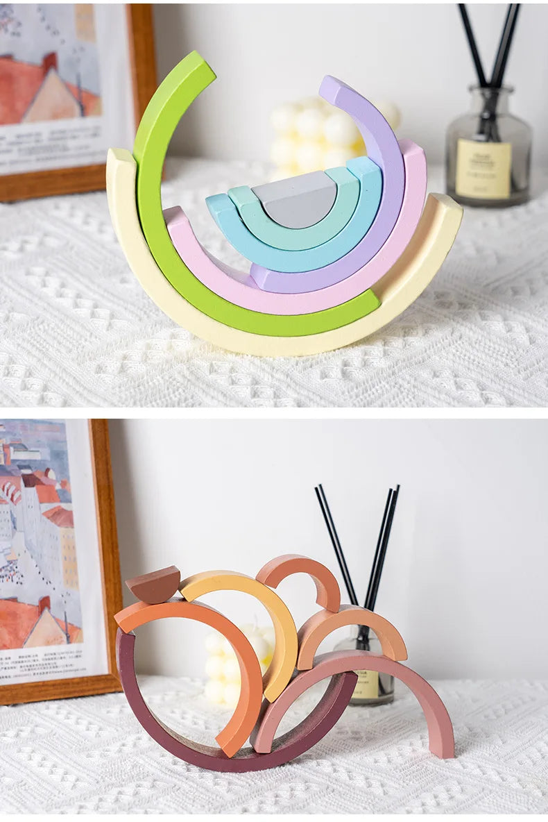 Rainbow Wooden Building Blocks Stacking Toy for Kids