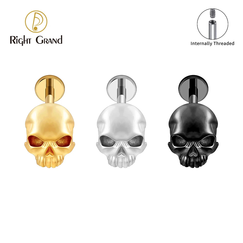 Right Grand ASTM F136 Titanium Skull Tragus Piercing 16G Skeleton Cartilage Helix Stud Earring Gothic Halloween Jewelry