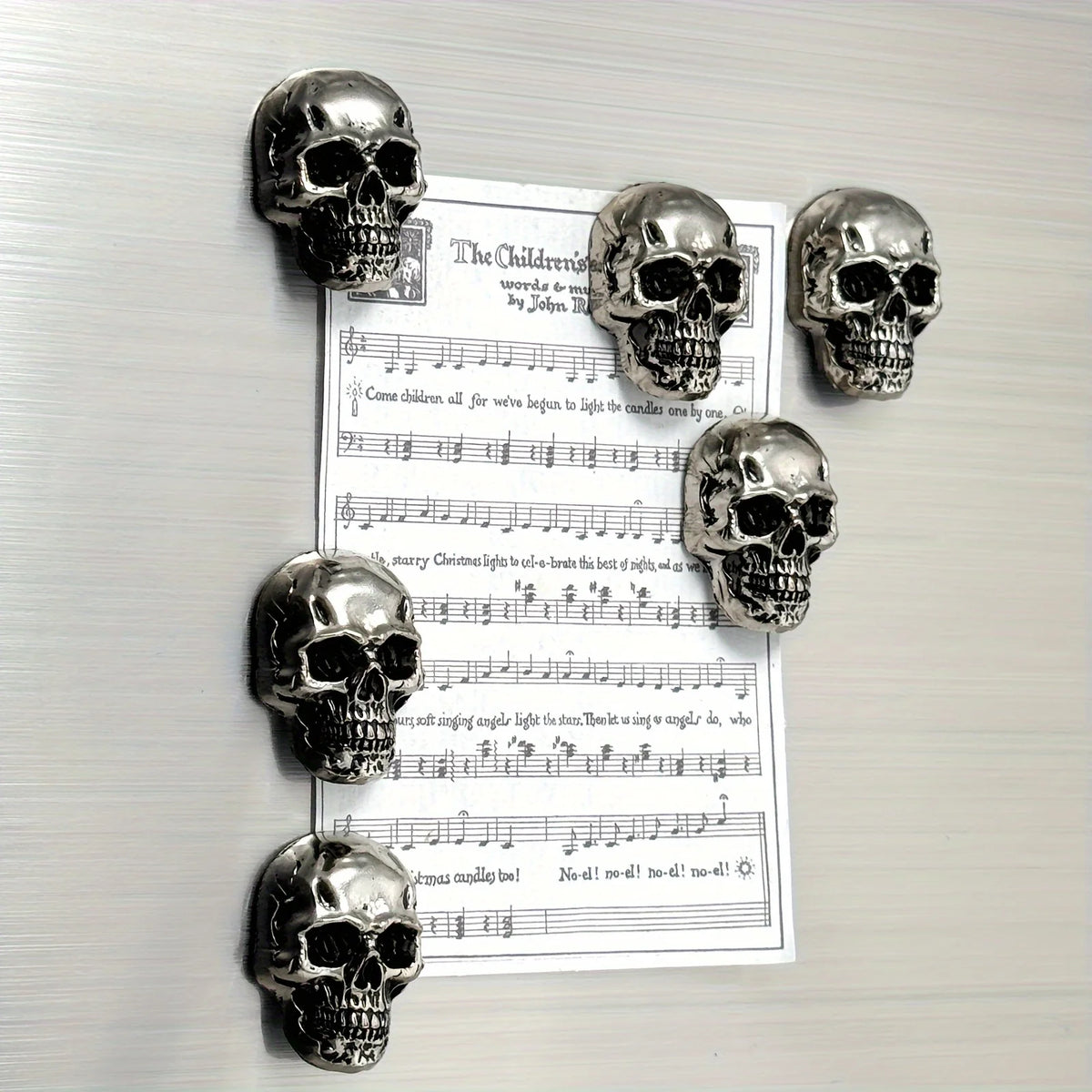 6pcs Gothic Skull Stainless Steel Refrigerator Magnets The Hymn to the Sun" Sheet Music Design, Dark & Elegant Decor for Adults